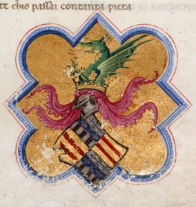 Blasone di Alfonso d'Aragona Re di Napoli, nel f1 della Divina Commedia - MS Thompson 36, British Library